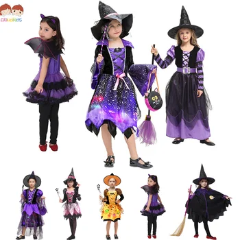 Copii Vrajitoare Costume Fete de Halloween Petrecere de Carnaval de Purim Tutu Genunchi Rochie cu Palarie Mătură Copii, Carnaval, Cosplay Costum de Petrecere Set