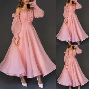 14133#Vintage Blush Roz De Organza Formale Rochii De Partid Pliuri Puf Lung Mâneci Strapless Lungime De Glezna Femei De Bal, Rochii De Seara