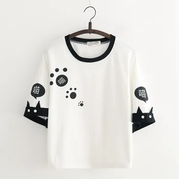 Mori Femei Harajuku Kawaii Grafic T Shirt 2021 Vara Moale Fata de Bumbac T-shirt de Imprimare Pisica Cuvinte Maneci Scurte Topuri Femme Tees