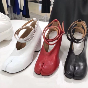 Femeile Split Deget de la picior Ninja Tabi Pompe Glezna Folie Cataramă de Curea Design de Brand 7.5 cm Toc Înalt Pantofi pentru Femeie Pantofi de mică adâncime Rotund Pantofi cu Toc