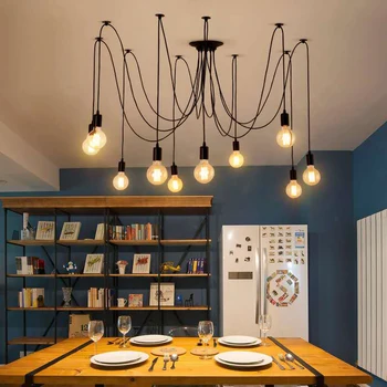 Epocă Pandantiv Lampă Negru E27 6/8/10 Cap de Mese, Living Loft Agățat Lumini Edison DIY Reglabil Nordic Fixare Lumina