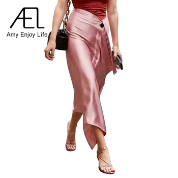 AEL Fusta Asimetrica Femeie Retro Lungi din Satin Fusta de Moda Folie de Hip 2019 Vara Femme Auster Midiskirt Subțire Elegant Talie Mare
