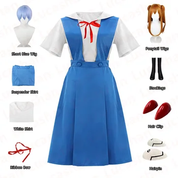 Anime Eva Asuka Rei Ayanami Cosplay Costum Albastru Fusta Set Peruca Din Par Clip Femeile Adulte Fata Rochie De Vara Japoneze Uniforme Școlare
