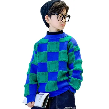 Coreea de Vânzări Fierbinte Copii Îngroșa Tricot Baieti Pulover Copii Casual Carouri Model de Pulover Cald Iarna Adolescent Haine 4-13Year