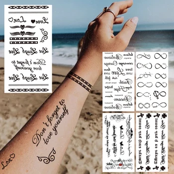 Scrisoare Mic Tatuaj Temporar Pentru Copii Femei Fără Sfârșit Minimalist Cuvinte Tatuaje False Autocolant Negru Frigarui De Trifoi Clavicula Tatuaje
