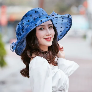 Flori Organza cu Buline Mari Brim Hat pentru Femei Kentucky Derby Ceai Petrecere de Nunta Pălărie Pălărie Doamnelor Elegante Capac