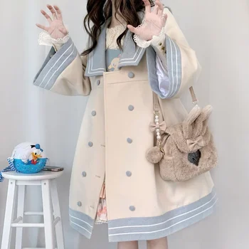 Fată japoneză Colegiul Stilul Împletit de Lână Haina Lolita Bleumarin Guler Mid-lungime Drăguț All-meci Haină de Lână Kawaii Haina de Iarna