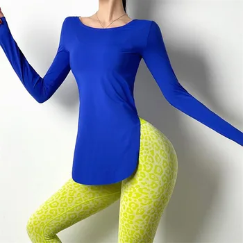 Femei Sexy Laterală Fantă Sport T-shirt cu Maneci Lungi din Nylon Subțire Yoga tricou Sport iute Uscat Slim Fitness Topuri Respirabil Funcționare Topuri