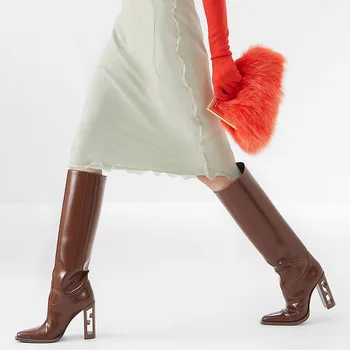 Nou Cizme Lungi de Piele de Înaltă Calitate Genunchi-Cizme înalte Gol Tocuri inalte Carouri de Moda Cizme de Toamnă și de Iarnă Pantofi pentru Femei