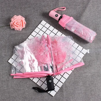 Stil japonez Cherry Blossom Umbrelă Transparentă de sex Feminin Fete Complet Automat de Trei ori Transparent Pliere Umbrela