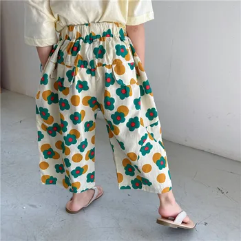 Bumbac Fete Talie Elastic VRAC Pantaloni Largi Picior Floral Drăguț Haine pentru Copii Primavara-Vara Pantaloni 1-6y-coreean Haine pentru Copii Floare