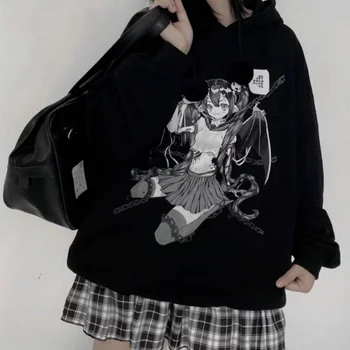 Deeptown Gotic Streetwear Emo Anime Imprimare Negru Supradimensionat Hoodies Femei Harajuku Crewneck Punk Tricoul Alb Mall Goth Topuri