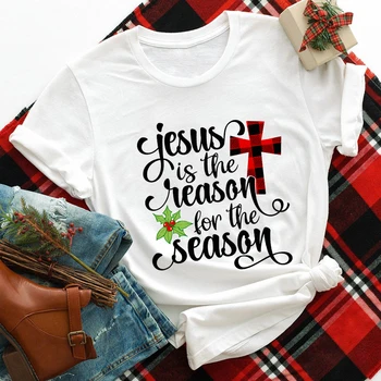 Isus Este Motivul Pentru Sezonul Colorate T-shirt Retro pentru Femei de Iarnă Maneca Scurta Vacanță de Crăciun Creștin-Cadou Tricou