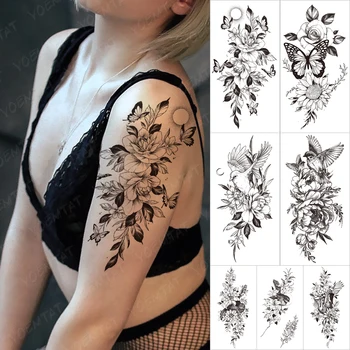 Rezistent la apa Temporar Maneca tatooo Autocolante Frunze Coroană de flori a Crescut Sexy Pictat de Transfer de tatuaje pentru Femei de sex Masculin Corpul de Artă Fals tatuaj Negru