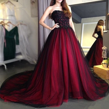 Sexy Gotic rochie de mireasa negru și roșu Sweetheart ștrasuri din Mărgele Dantelă Lung Negru, Visiniu Rochii de Mireasa rochie de mireasa
