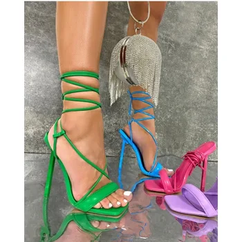 2022 Noi Dulce Violet, Verde, Roz Brevet Sandale Femei Din Piele Dantela Sus Subțire Sexy Pantofi Cu Toc Doamnelor Sandale Stripteuze