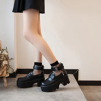Lolita Gotic Cap Rotund Pantofi Mary Jane Japoneză Fată de Colegiu JK Uniformă PU Leatehr Platforma rezistent la apa Curea Neagra Pantofi