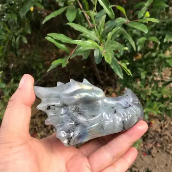 Naturale Cristal de Labradorit Sculptate Manual cu Cap de Dragon Skull Lustruit Animal Puternic Statuie pentru Acasă Decorare Cadou