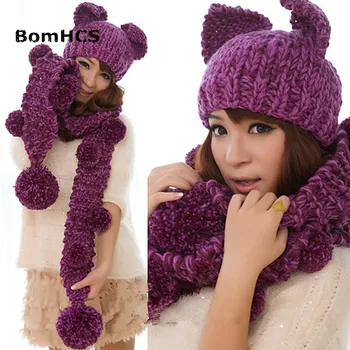 BomHCS Drăguț, Foarte Cald Iarna pentru Femei Tricotate Manual Urechi de Pisică Pălărie Beanie & Eșarfă cu Pom