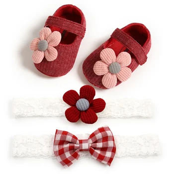 0-18Month Copil Nou-născut Fete Botez Pantofi + Headband Set pentru Fete Talpă Moale Florale Mary Jane Apartamente și Bentițe 3Pcs Set