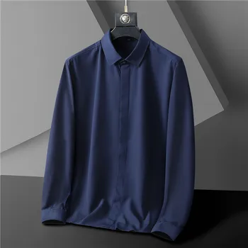 Plus Dimensiune Barbati Business Culoare Solidă Maneca Lunga Tricou Stil Clasic Întinde Țesături Birou Casual Tricou Alb Negru Albastru Închis