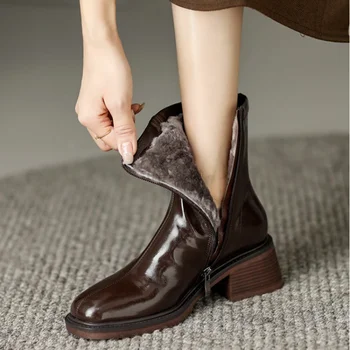 2023 Glezna Cizme Pentru Femei Cu Toc Pătrat Zip Din Piele Cizme Retro Iarna Cald Lână Cizme De Zapada Doamnelor Pantofi