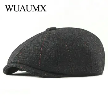 Wuaumx Retro vânzător de ziare Capace de Oameni Octogonal Pălării Negre Britanic Pictori Pălării Toamna Iarna Berete Spic Capace Plate gavroche