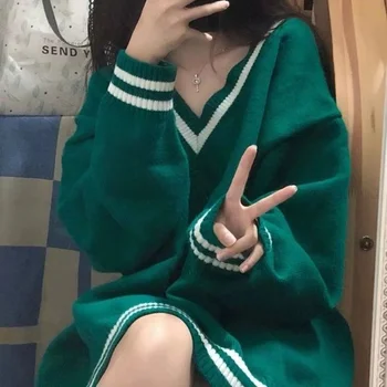 Deeptown Moda coreeană Verde Pulover Femei Stil Japonez Solid Supradimensionate Tricot Jumper Preppy V-gât Maneca Lunga Pulover de sex Feminin