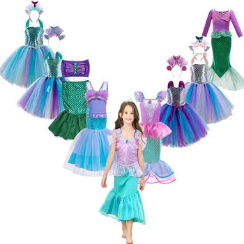Disney Printesa Fată Drăguț Sirena Ariel Dress Copii Cosplay De Lux Trompeta Costum Copii Ziua De Nastere Haine De Petrecere Rochie De Vara