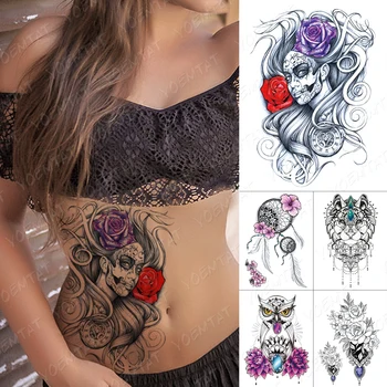 Impermeabil Tatuaj Temporar Sticker Ceas Rose Catrina Ziua Morților Flash Tatuaje Bufnita de Înfrumusețare Body Art Brațul False, Tatuaj Femei