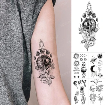 Transfer Impermeabil Tatuaj Temporar Autocolante Ceas Busola Cer Înstelat Cu Flori Flash Tatuaj Femei Bărbați Arta Corp Negru Simplu Tatuaj