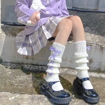 Lolita Cald Tricotate Ciorapi Albi Pentru Femei Toamna Iarna Panglică Dantelă Ghetre Picior Cald Coapsei Protector Fata Genunchi Ridicat Ciorap