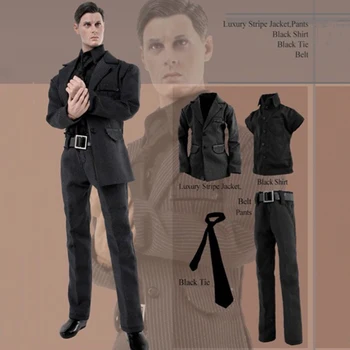 CC187 1/6 Scară Domn Negru cu Dungi Costum Haina Pantaloni, Cravată și Cămașă Set de Modele Pentru 12