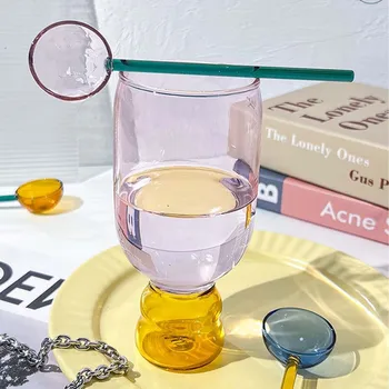 Cupa de sticla cu Lingura Manual Apă Lapte Cana de Cafea Rezistent la Căldură Drinkware Creative Contrast de Culoare Pahar de Vin pentru Petrecere
