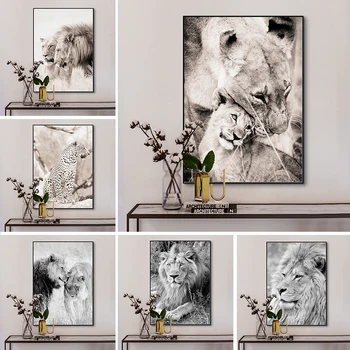 Wild Animal Leu, Leopard Alb-Negru Postere Canvas Tablou Postere si Printuri Nordic Arta de Perete Moderne Imagine Living Decorul Camerei