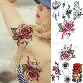 Acuarelă 3D Rose Tatuaje Temporare Pentru Femei Fete Dream Catcher Pene Tigru Șarpe Autocolant Tatuaj Fals Înapoi Brațul Tatuaje
