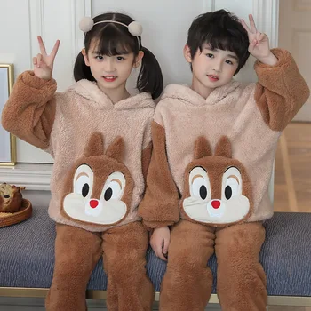 Iarna Copii Flanel Baieti Pijamale Fete cu Gluga Seturi de Haine pentru Copii Seturi de Pijama de Desene animate Pisica Veveriță Drăguț Pijamale pentru Adolescenti