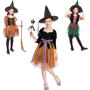 2022 Noi Jocuri Pentru Copii Fete De Halloween Costum De Vrajitoare Pumpkin Petrecere De Carnaval Cosplay Rochie Cu Palarie Dress Up Haine Outifits