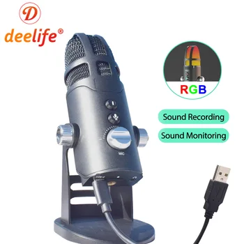 Deelife Microfon pentru PC Gamer RGB Microfono de Streaming pentru Calculator Podcast Profesionale USB MICROFON Condensator