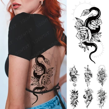 Impermeabil Tatuaj Temporar Autocolant Negru Snake Dragon Totem Flash Tatuaj Tigru Flori Trandafiri Body Art Brațul Fals Tatuaj Bărbați Femei