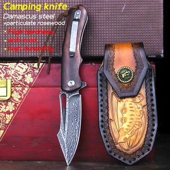 Mini Camping auto-apărare pliere cuțit de Oțel Damasc + particule Redwood Jungle Adventure cuțitul în aer liber cutit tactic