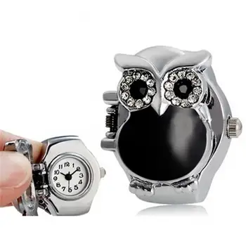 Femei Cuarț Ceas Inel De Fată Strălucitoare Stras Owl Caz Din Oțel Inoxidabil Elastic Deget Inel Ceas