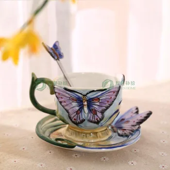 Stil European Ceramice pictate manual Fluture Ceașcă de Cafea 3D Colorate Email de Portelan Cana cu Farfurie si Lingurita