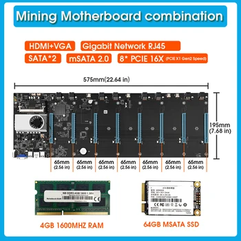 BTC-S37 Miniere placa de baza 8 GPU Bitcoin Crypto Etherum Miniere Set Combo cu 4GB DDR3 1600MHz RAM 64GB mSATA SSD 65mm spațiere