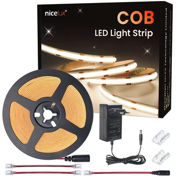 COB LED Strip Natura Alb 4000K Lumina DC24V 5 Metri 8MM Lățime Estompat cu adaptor Conector pentru Interior Pat Dormitor Auto