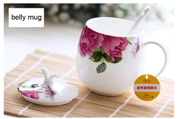 410ML, Drăguț florale de trandafir conceput, bone china pahar termos cana de ceai pentru o ceasca, cana mare, cu buze & lingura
