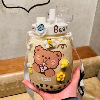 Kawaii Jumbo Urs Sticla de Apa Pentru Copii Școala de Fete Drăguț de Plastic de Călătorie Lapte, Ceai, Suc Portabil Tărtăcuță Cu Paie 3D Autocolant