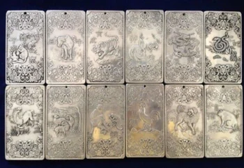 12Pcs Vechi chineză Chineză Doisprezece Zodiacul tibetan Lingouri de Argint thanka amuleta
