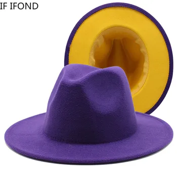 Unisex Violet galben Mozaic Lână, Pălării Fedora Bărbați Femei Margine Largă Panama Petrecere Trilby Capac Moda Jazz Capac