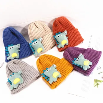 Noi sosesc de iarnă ține de cald desene animate forma de dinozaur tricotate pălărie coreean copii minunat cu gluga pălărie băieți și fete de lână pălărie cap de copil